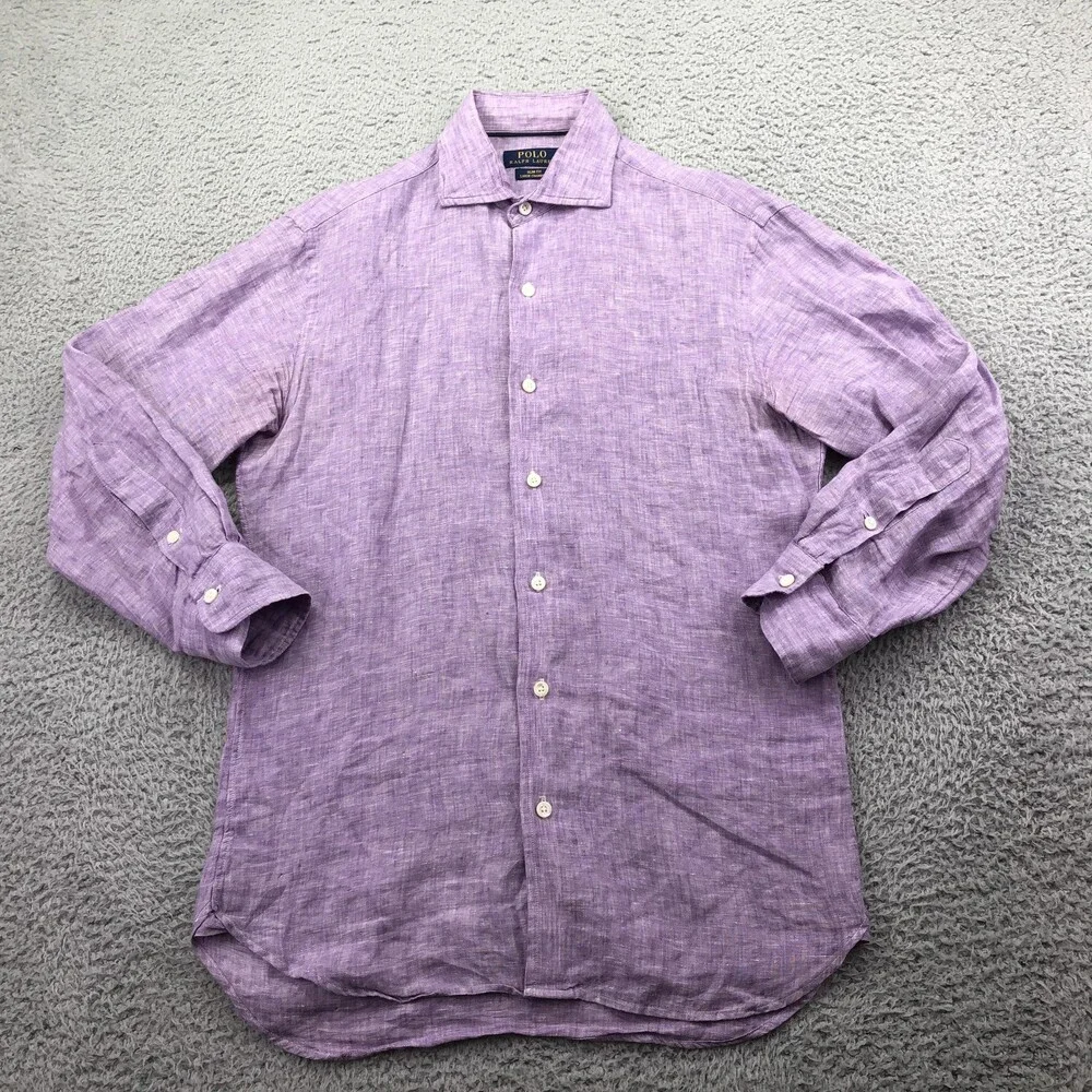 Polo Ralph Lauren Shirt Mens Small Purple Linen Long Sleeve Button Up Slim Fit